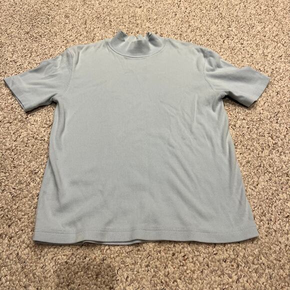 Basic Editions Short Sleeve Mock Neck Sweater Sz M Ribbed Blue Casual - Picture 1 of 5